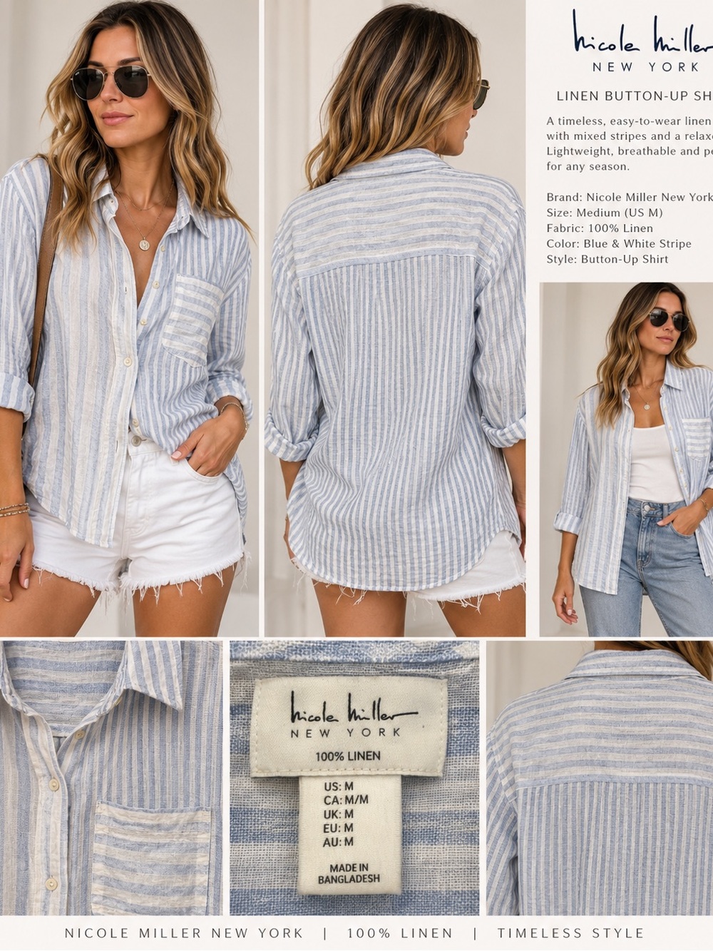 Nicole Miller Blue & White Stripe Linen Button-Up Shirt